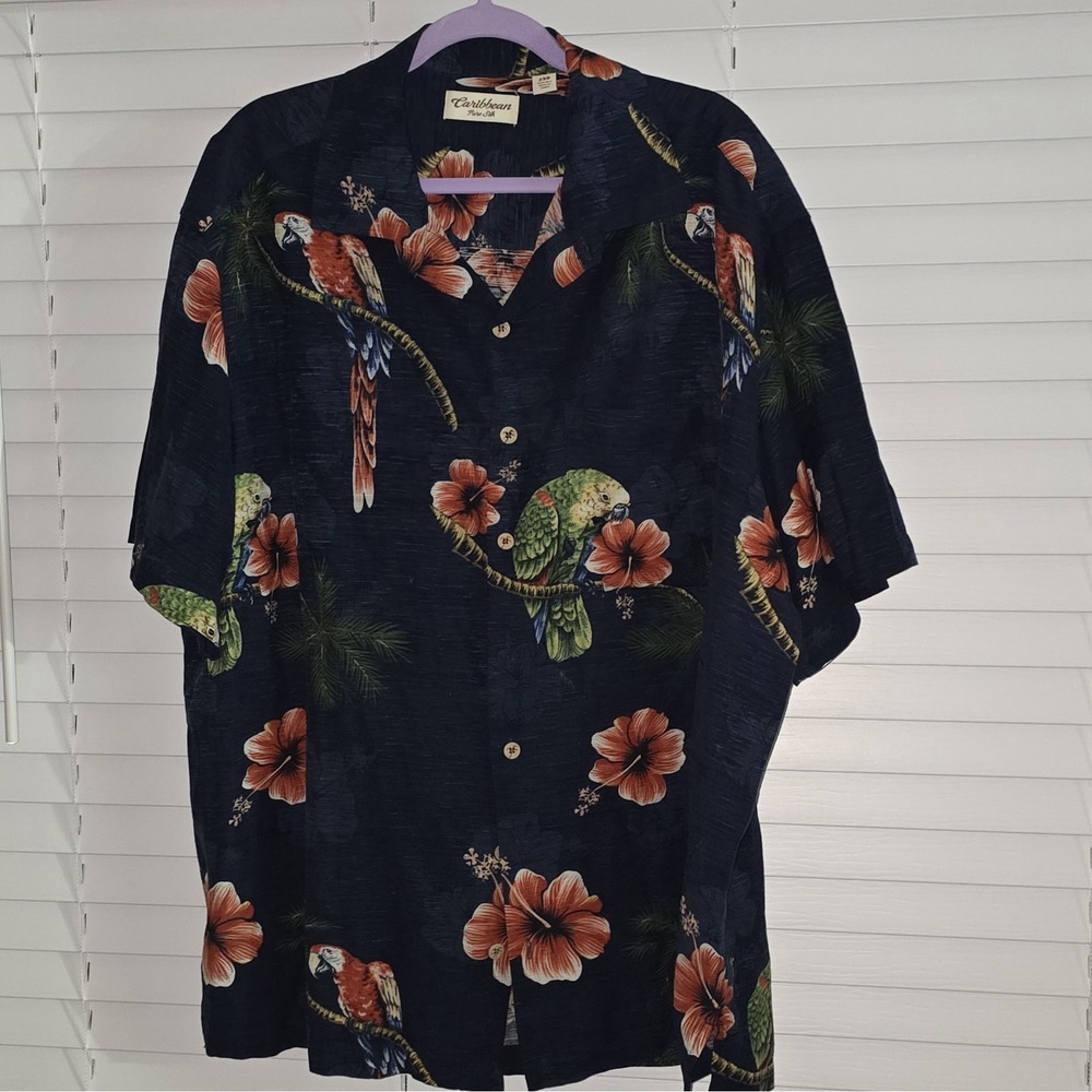 Roundtree & Yorke Caribbean Dark Navy Parrot PURE SILK Men's Shirt 2XL 2XB EUC‎